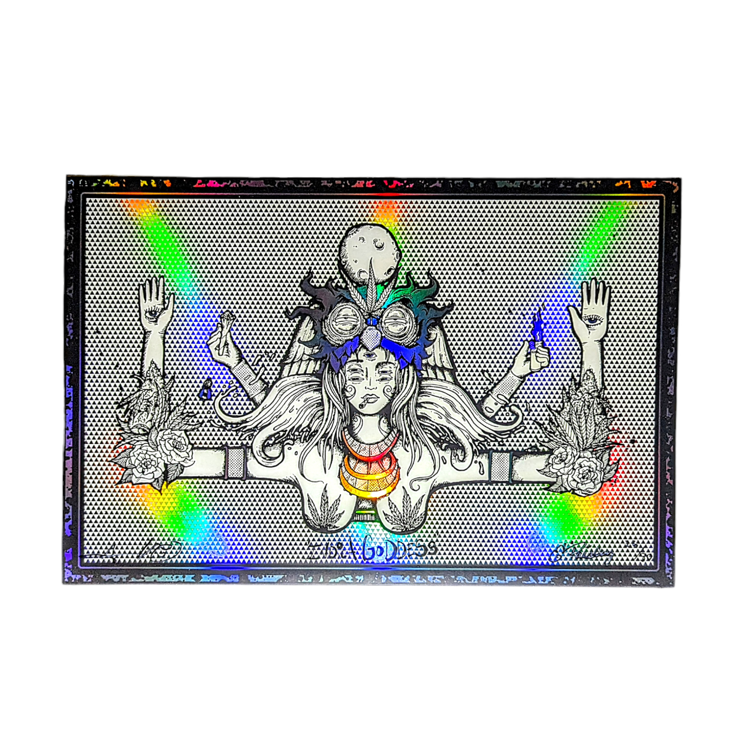 Aaron Brooks x Ellie Paisley Indica Goddess, 2024 3 Color Screen Print on Rainbow Foil 12 x 18 in Edition of 30  Hand Signed + Numbered by the artists. Printed in Colorado by CIK STUDIOS.