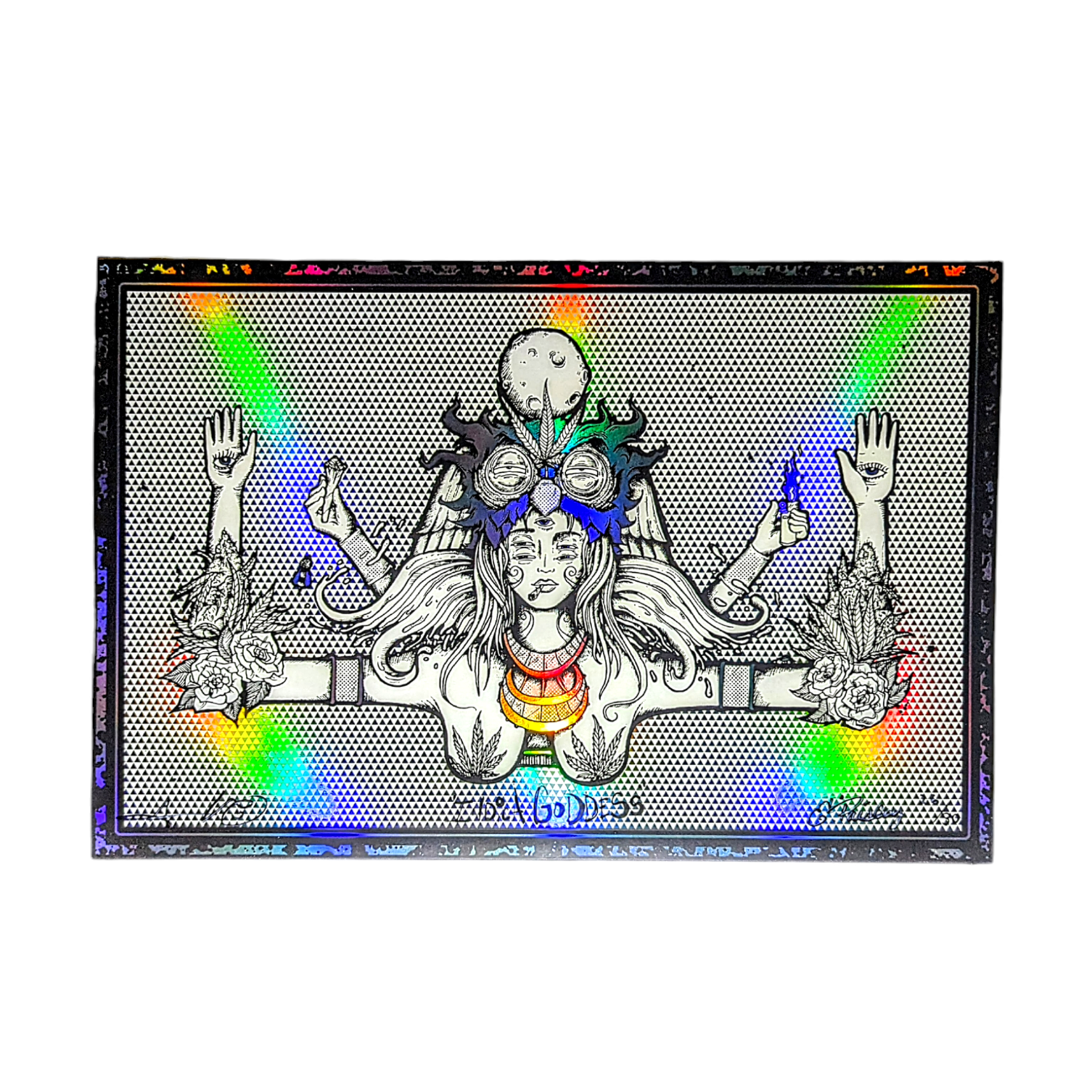 Aaron Brooks x Ellie Paisley Indica Goddess, 2024 3 Color Screen Print on Rainbow Foil 12 x 18 in Edition of 30  Hand Signed + Numbered by the artists. Printed in Colorado by CIK STUDIOS.