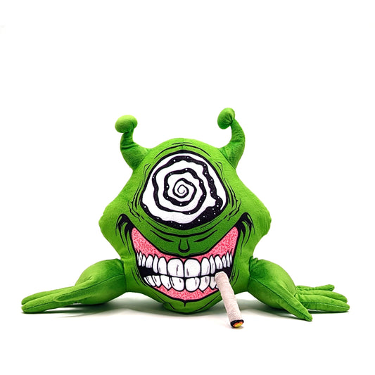 Aaron Brooks "String Theory Cyclops (Green)" Plushie  Size:  16 x 10 x 6 in Removable Joint Sublimated back logo 95% polyester / 5% Spandex, filled with 'Minky Fabric'
