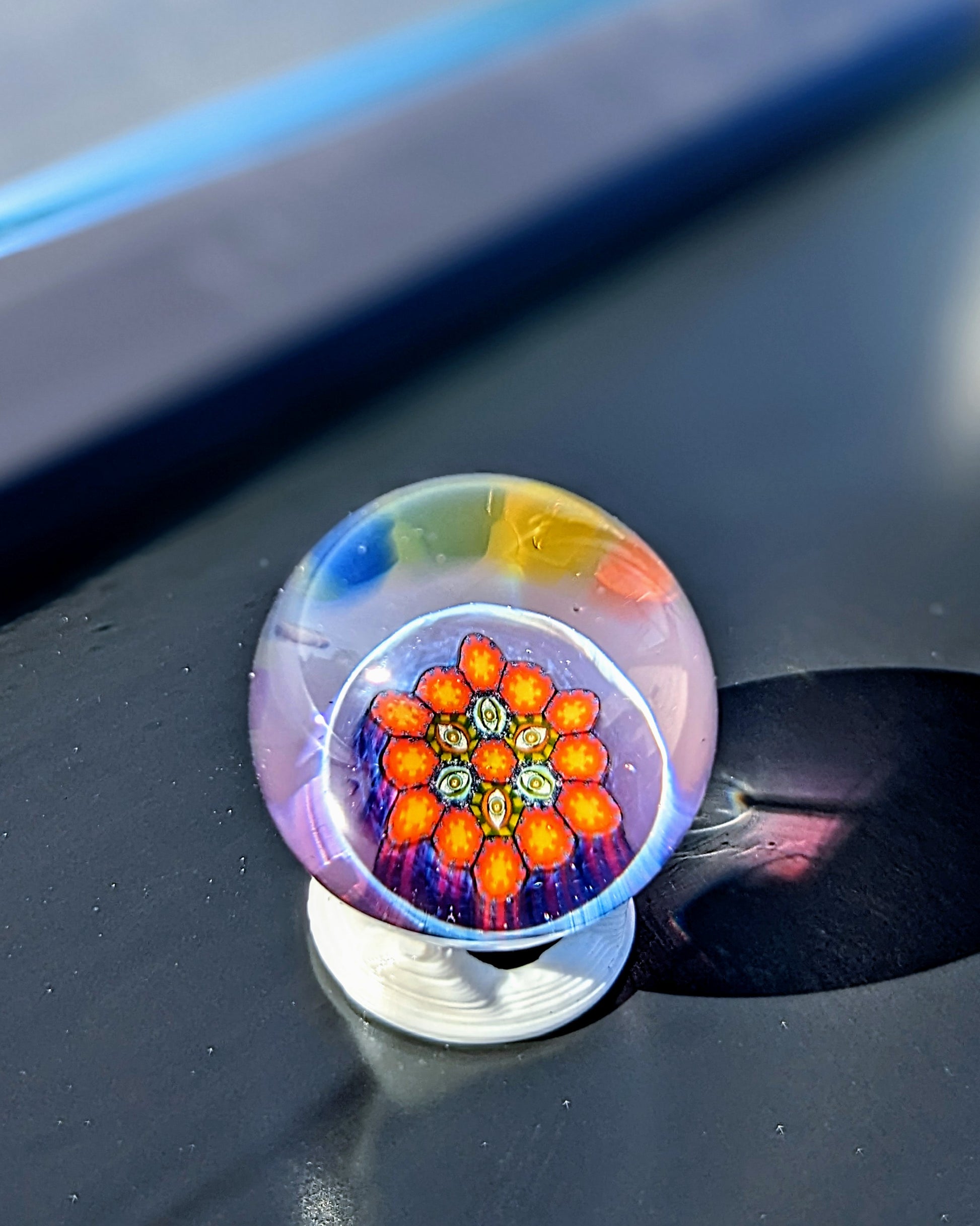 Banjo x Karma Visioncaine, 2023 UV Reactive Borosilicate Glass Marble 28.5 mm  Hand blown glass made by Banjo and Karma