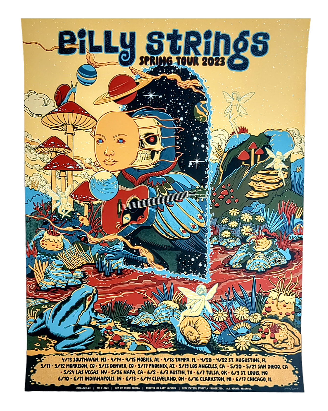 Pedro Correa Billy Strings Spring 2023 Tour Show Print 18 x 24 in Edition of 2800  Art by Pedro Correa (@pedrocorrea84). Printed by Lady Lazarus (@ladylazarustx). 