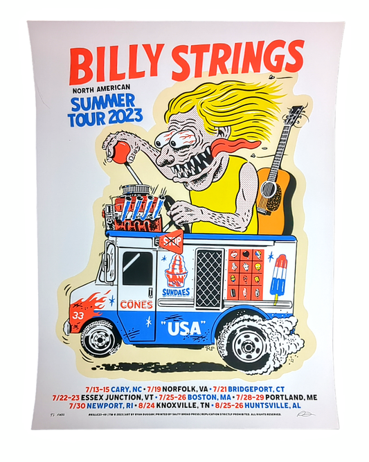 Ryan Duggan Billy Strings Summer 2023 Tour Show Print 18 x 24 in Edition of 1400  Art by Ryan Duggan (@mr_ryanduggan). Printed by Salty Broad Press (@saltybroadpress). 