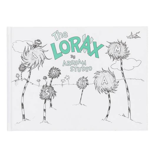 See the Lorax interpreted through the lens of Daniel Arsham, featuring over 25 original drawings, and crafted from 100% recycled paper with a graphite cover. The homage style book is the first of its kind for any Dr. Seuss properties.  Dimensions: 11" x 8.5" x 1/2"