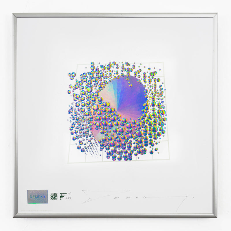 Demsky Vniversal:Energy, 2021 Lenticular print on Sappi paper, framed 11.81 x 11.81 in Edition of 150  Hand signed + numbered by the artist  Attributions:  Security Lenticular by H+M®? / Kurz – Germany Circular 4ºMultilevel Microembossing by H+M®? / Kurz – Germany Iriodine Optical Effect by Merk – Germany Bi-Chromic Optical Variable Security Ink by Petrel – France Holographic Foil by Univacco – Taiwan Sappi paper – South Africa