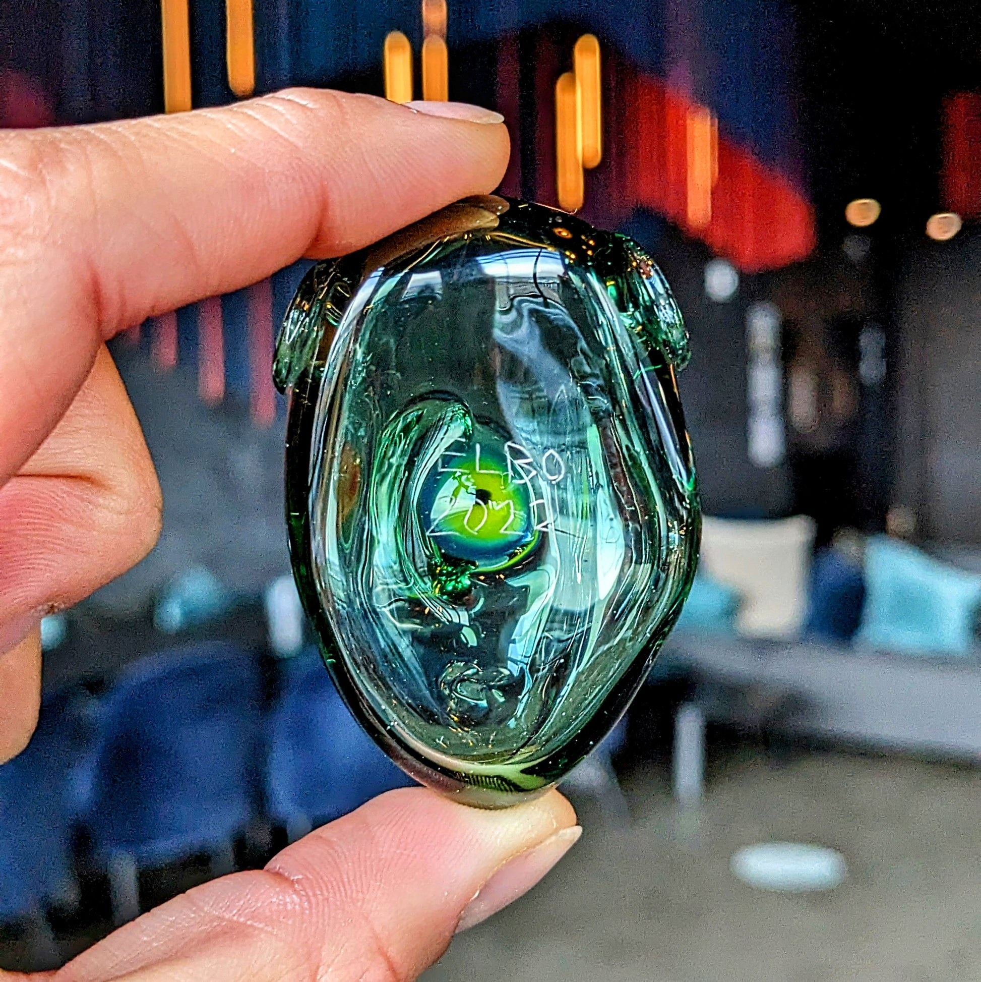 Elbo Dino Head, 2022 Borosilicate Glass Pendant Approx. 2.1 x 1.4 in  Hand blown glass made by Elbo (Matt Selbovitz). Signed "Elbo" + Dated⁠ "2022" 