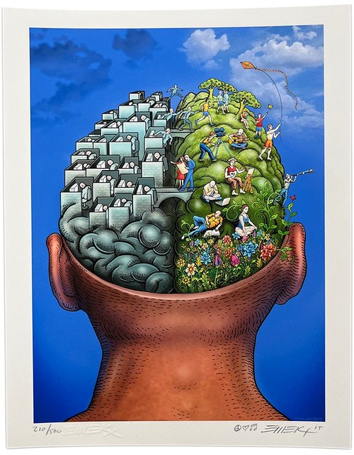 Emek Brain Power, 2015 Gicleé Print on Archival Paper with Straight Cut Edges 8 x 10 in Edition of 500  Hand Signed, Numbered + Dated by the artist. Featuring doodle and embossed signature.