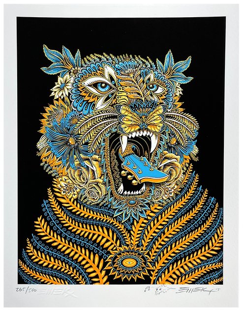 Emek Carnival Tiger, 2015 Gicleé Print on Archival Paper with Straight Cut Edges 8 x 10 in Edition of 500  Hand Signed, Numbered + Dated by the artist. Featuring doodle and embossed signature.