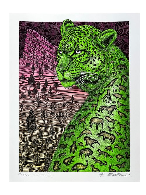 Emek Leopard, 2021 Gicleé Print on Archival Paper with Straight Cut Edges 8 x 10 in Edition of 500  Hand Signed, Numbered + Dated by the artist. Featuring doodle and embossed signature.