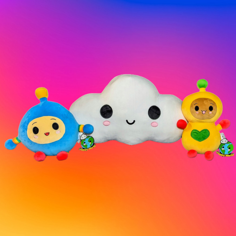 Happy World™ Friends Plush Set featuring Little Cloud, Hug Bug and Peanut Butter from FriendsWithYou™  Designer: FriendsWithYou Little Cloud Size: 10 x 26 x 15 in Hug Bug Size: 10 x 18 x 14.5 in Peanut Butter Size: 7 x 11.5 x 15.5 in Year of Design: 2022 Age: Adults, Kids - 5 and up, Teens