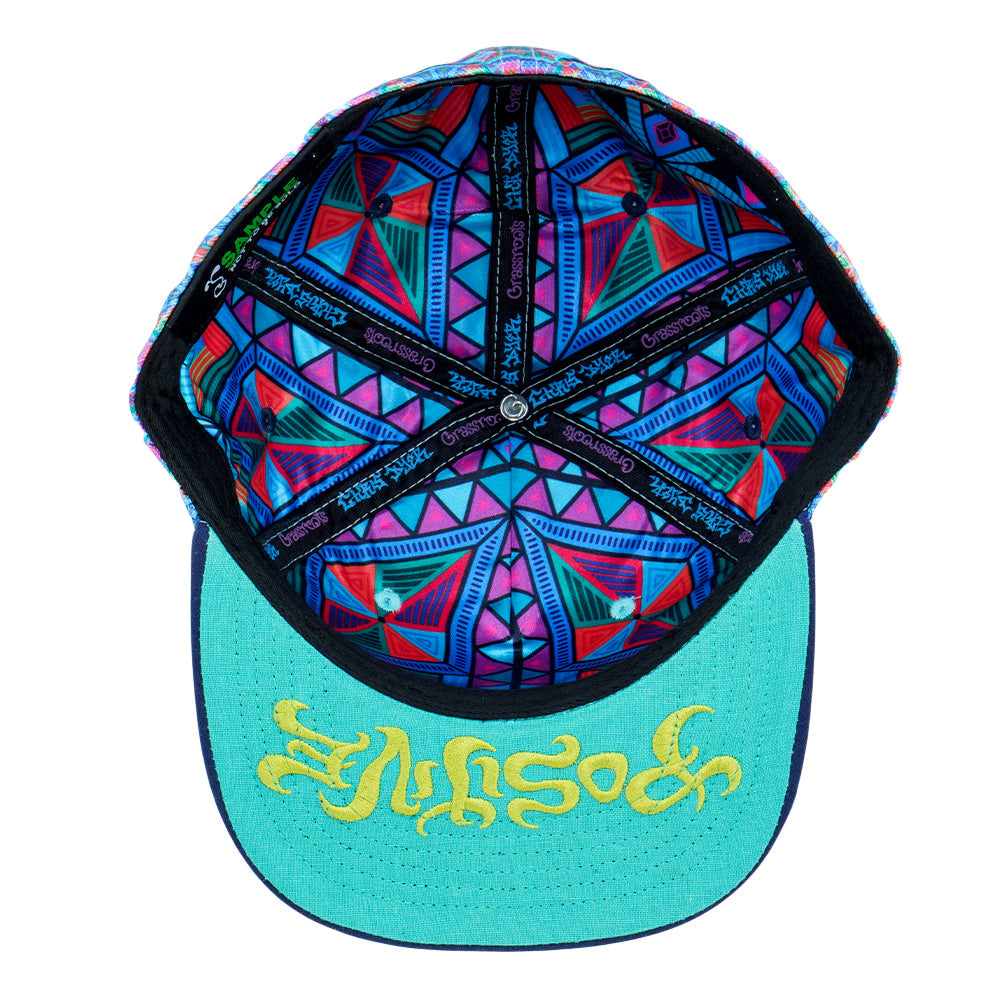 Chris Dyer x Grassroots DMT Triangles Purple Fitted Hat  - Sublimation Printing - Embroidered Artwork - Fine Hemp Square Brim - Satin Lining - Stash Pocket - Fitted Closure - Limited Edition of 210