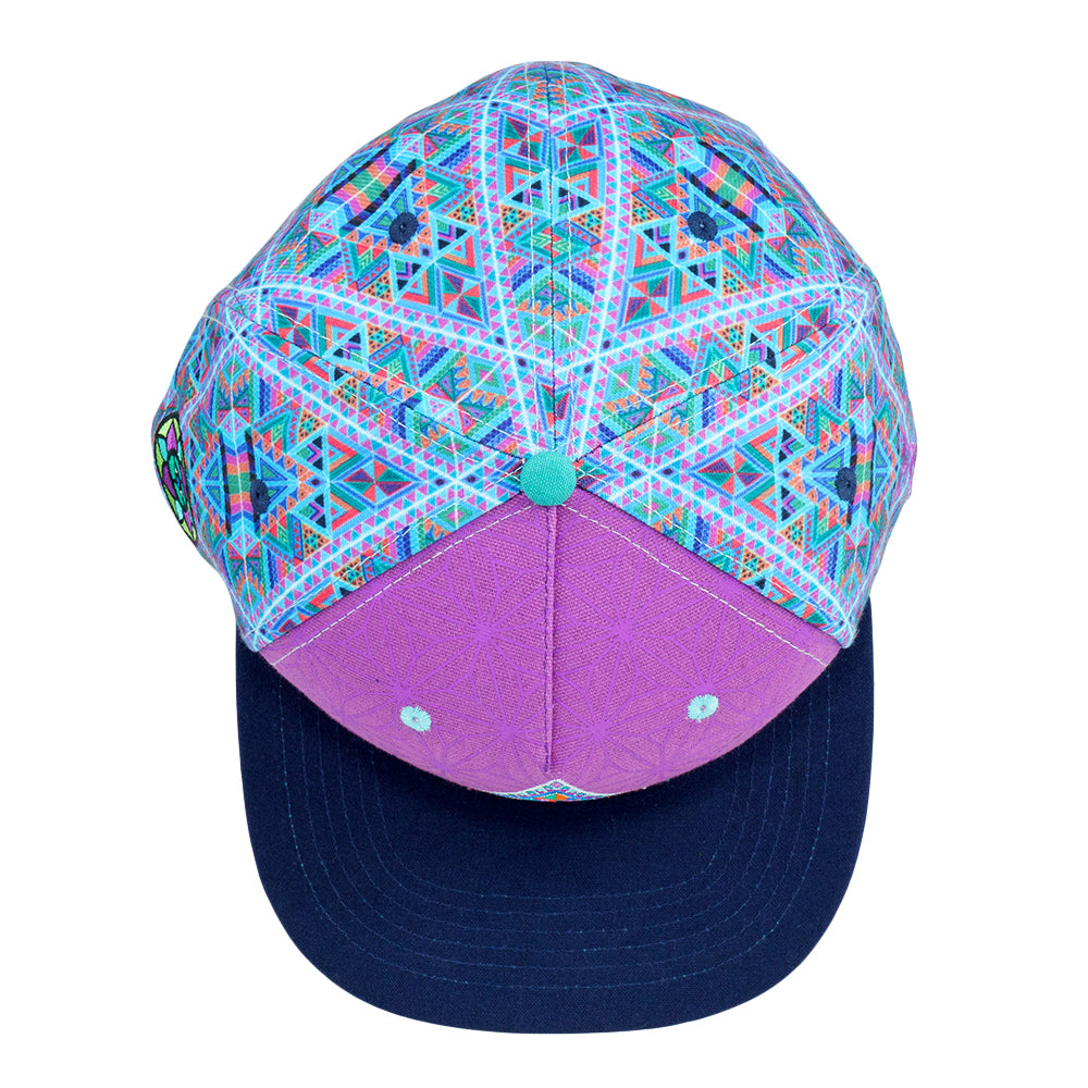 Chris Dyer x Grassroots DMT Triangles Purple Fitted Hat  - Sublimation Printing - Embroidered Artwork - Fine Hemp Square Brim - Satin Lining - Stash Pocket - Fitted Closure - Limited Edition of 210