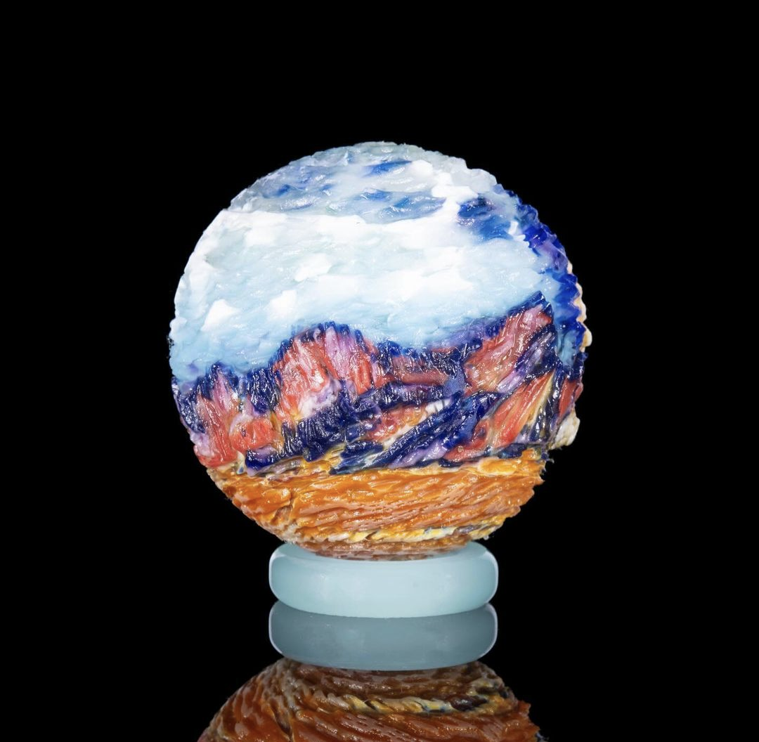 Hallie Krebs Barbenheimer, 2023 Borosilicate Glass Marble Approx. 42.5 mm  Hand blown & carved borosilicate glass marble made by Hallie Krebs.