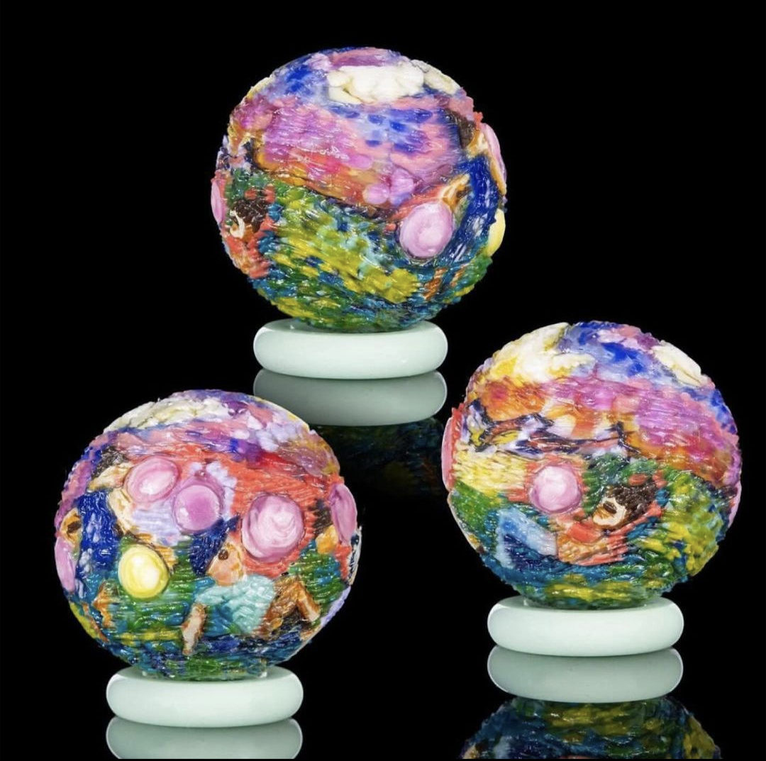 Hallie Krebs Never Miss A Sunday Show, 2023 Borosilicate Glass Marble Approx. 40 mm  Hand blown & carved borosilicate glass marble made by Hallie Krebs.