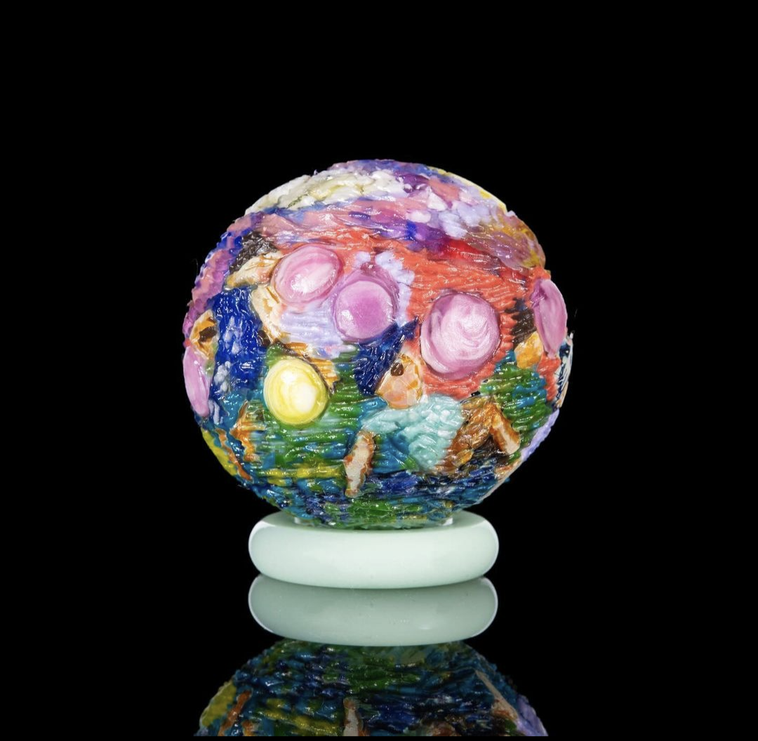 Hallie Krebs Never Miss A Sunday Show, 2023 Borosilicate Glass Marble Approx. 40 mm  Hand blown & carved borosilicate glass marble made by Hallie Krebs.