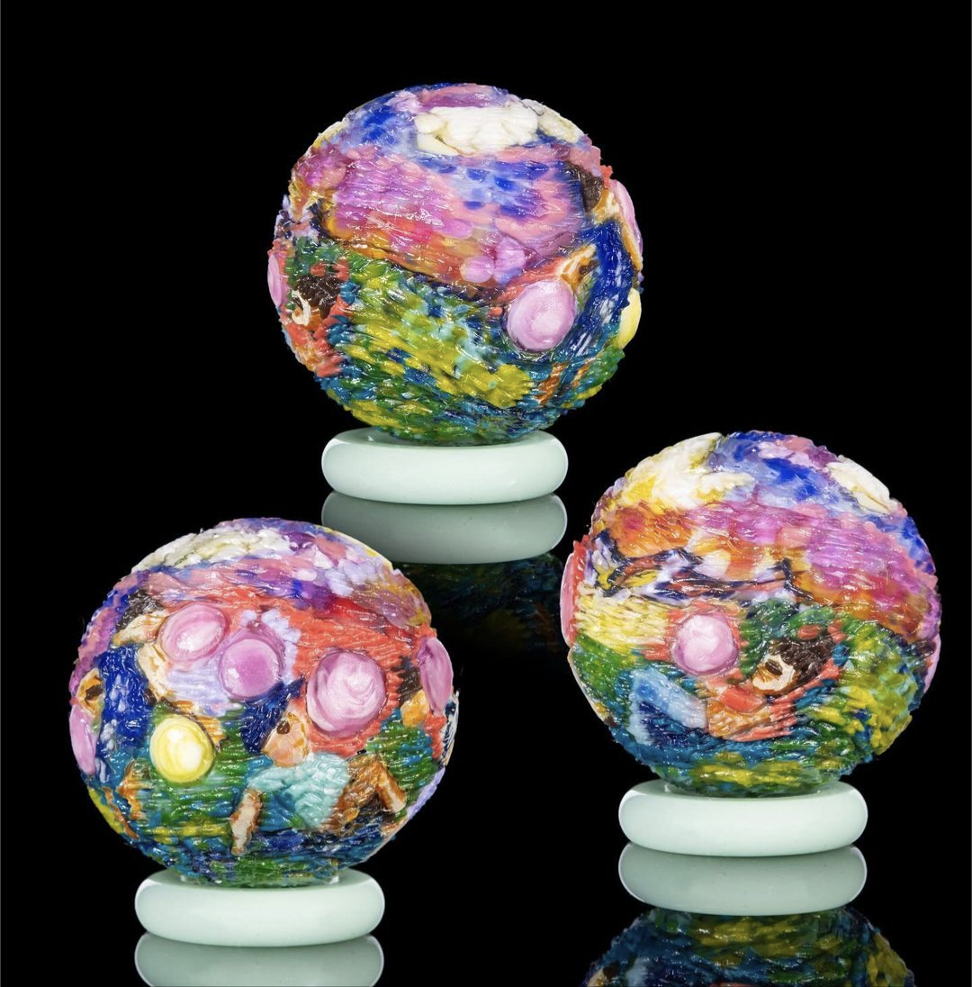 Hallie Krebs Never Miss A Sunday Show, 2023 Borosilicate Glass Marble Approx. 40 mm  Hand blown & carved borosilicate glass marble made by Hallie Krebs.