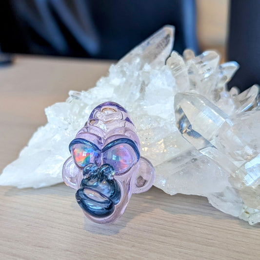Firefly Closed Mouth Gorilla, 2016 Mini Borosilicate Glass Pendant with Opal Eyes Approx. 1.5 x 1.15 in   Hand blown glass by Firefly (Nick Nowak). Signed "Firefly" + Dated "2016"