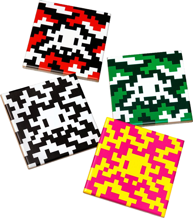 Invader Camo Space Tiles, 2024 Ceramic printed tiles 3.9 x 3.9 in   Accompanied by original artist packaging.