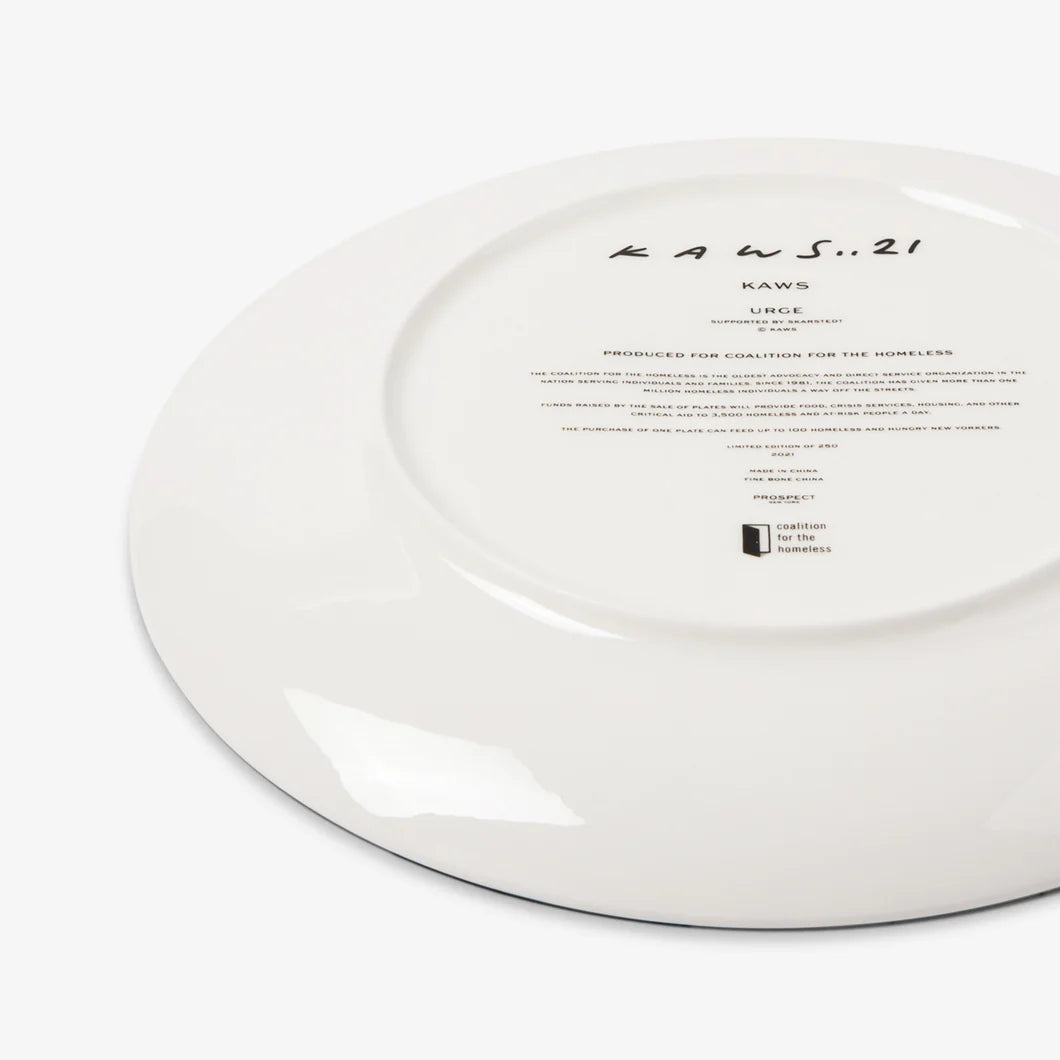 KAWS x Artist Plate Project URGE, 2020 Fine Bone China Plate 11.5 x 11.5 in Edition of 250  Printed signature and edition details on verso. Accompanied by custom artist box with printed signature. Dishwasher and microwave safe. Produced by Prospect.