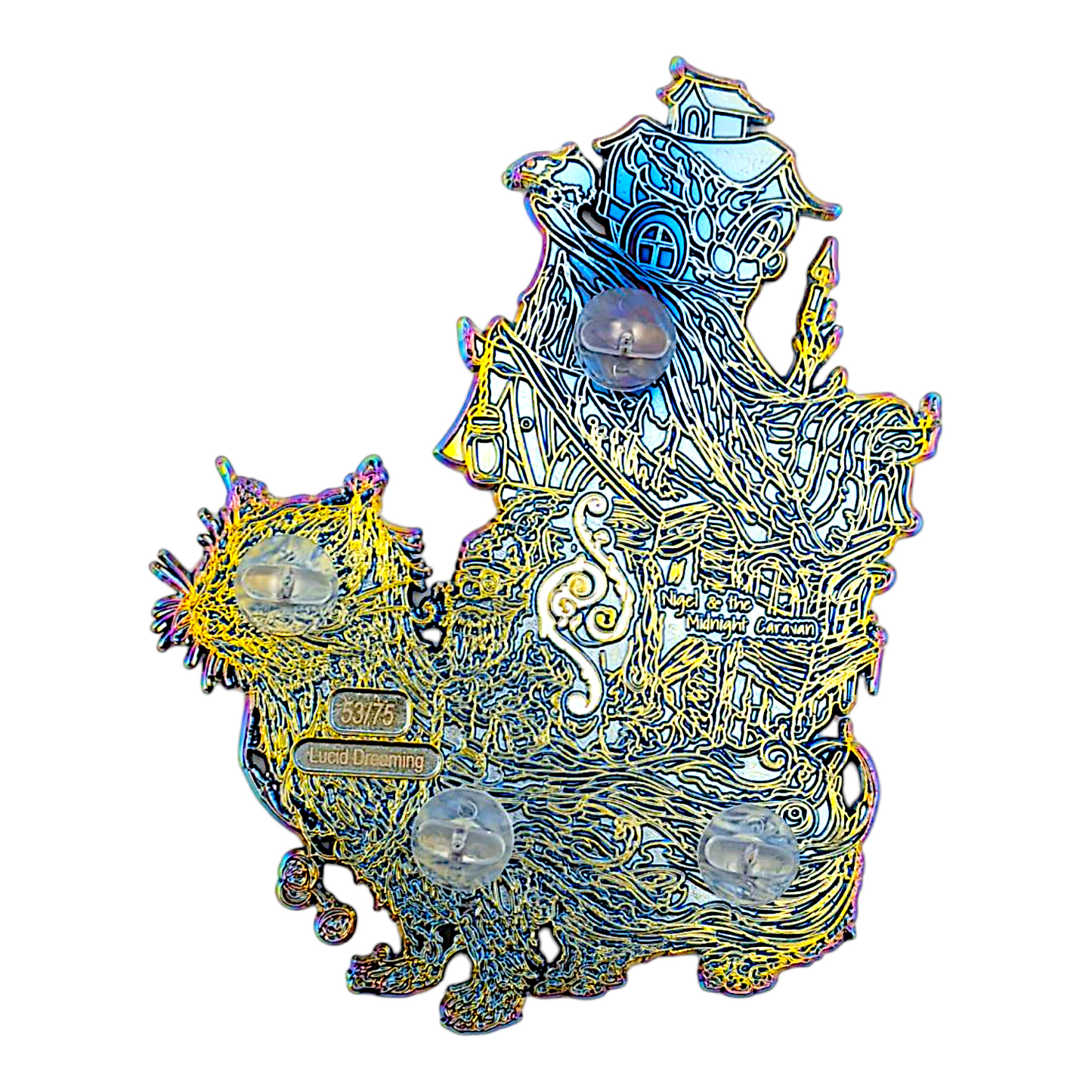 KUHMALi AKA Aaram Kamali 
Nigel & the Midnight Caravan (Lucid Dreaming), 2025 
Enamel pin 
Approx. 3.5 x 4 in 
Edition of 75 