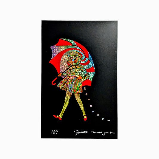 Slinger x Original Gongster x Pyroscopic Acid Eater Girl, 2023 Screen Print on (Squares) Foil Paper 11 x 17 in Edition of 89  Signed, Numbered + Dated by the artists. Inspired by the work of Mike Gong (AKA Original G Glass). Designed by Pyroscopic and Slinger.