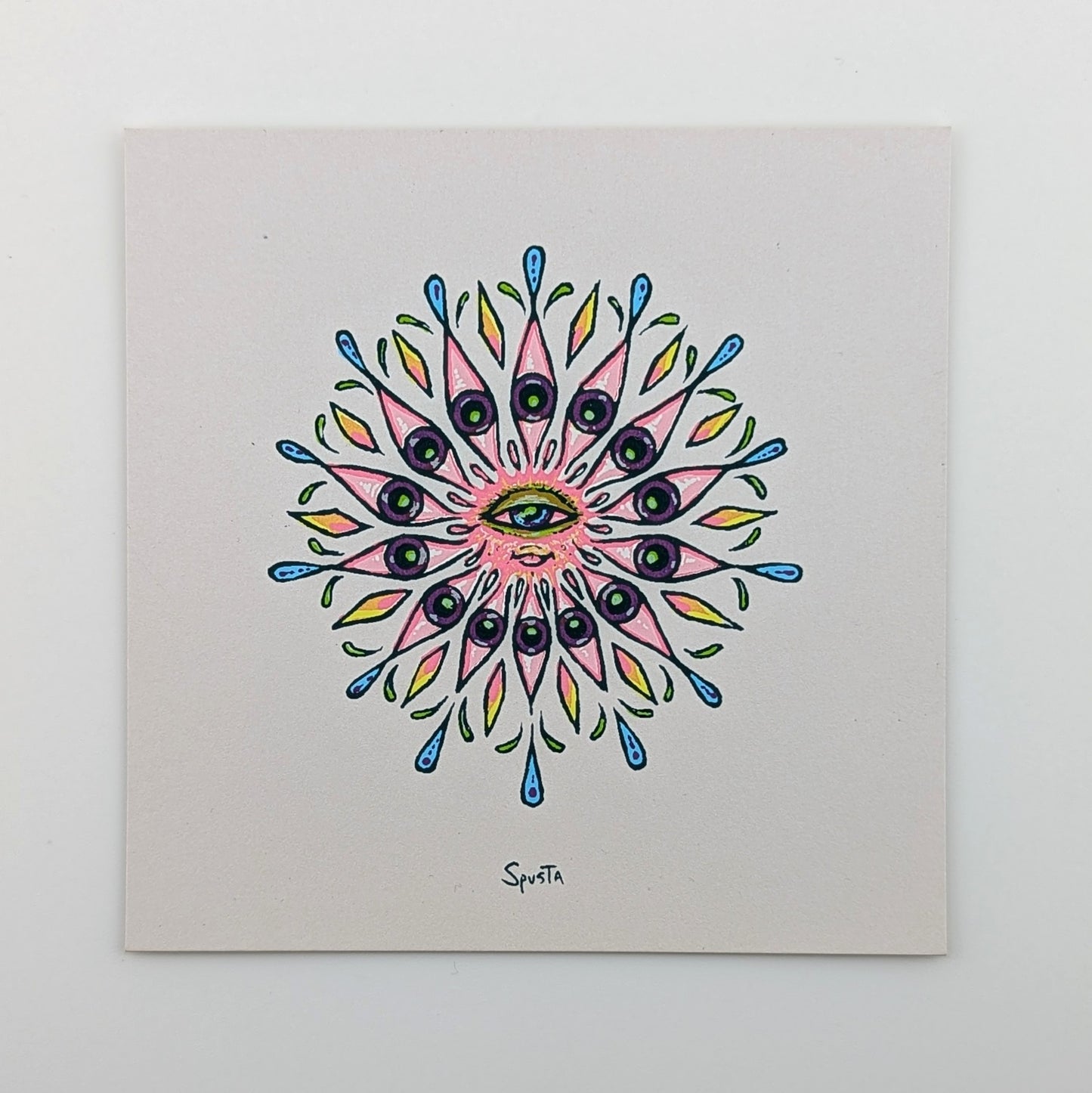 Marq Spusta Eye Mandala (White Shimmer, Pearlescent) Screen print  4 x 4 in  Plate signed. 