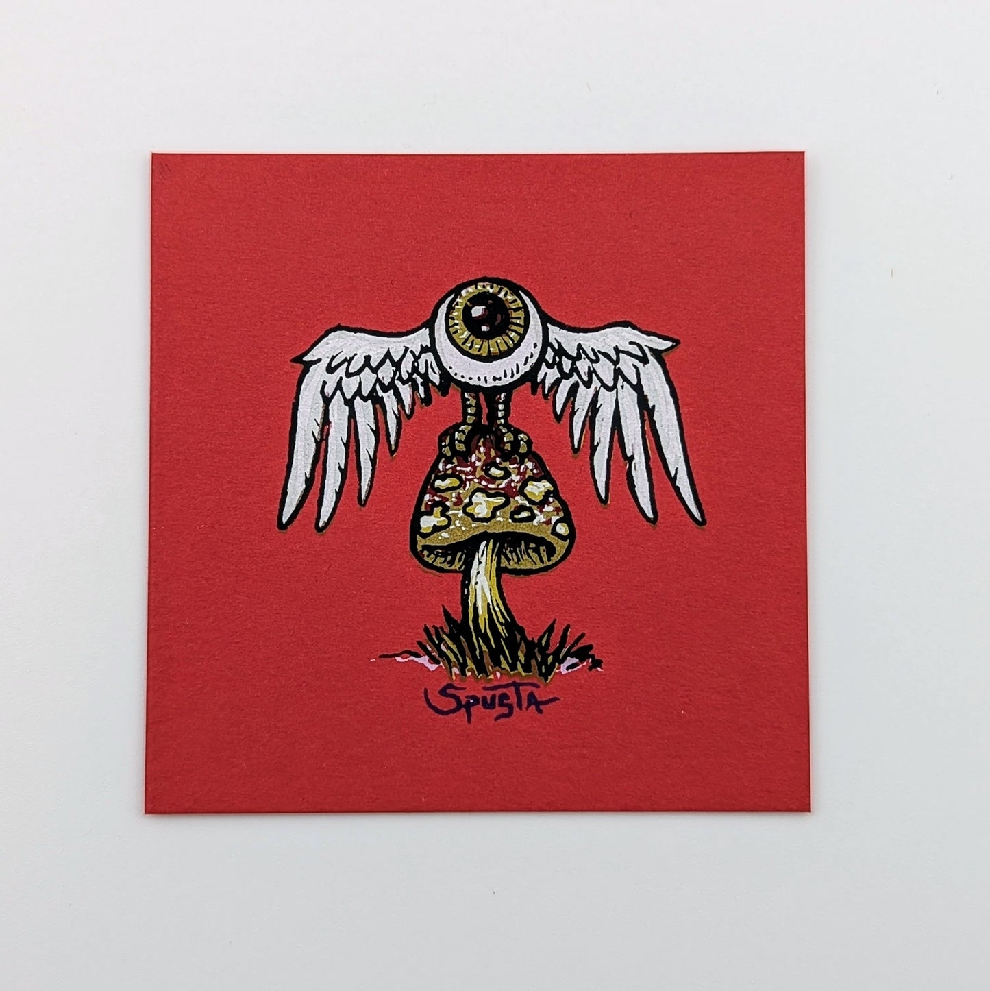 Marq Spusta Flying Eye Mushroom (Red) Screen print  3 x 3 in  Plate signed.