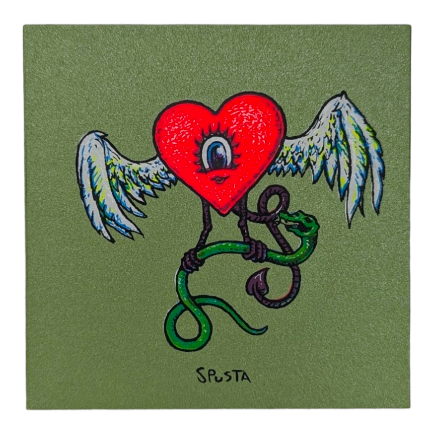 Marq Spusta Flying Heart (Green Shimmer) Screen print  3 x 3 in  Plate signed