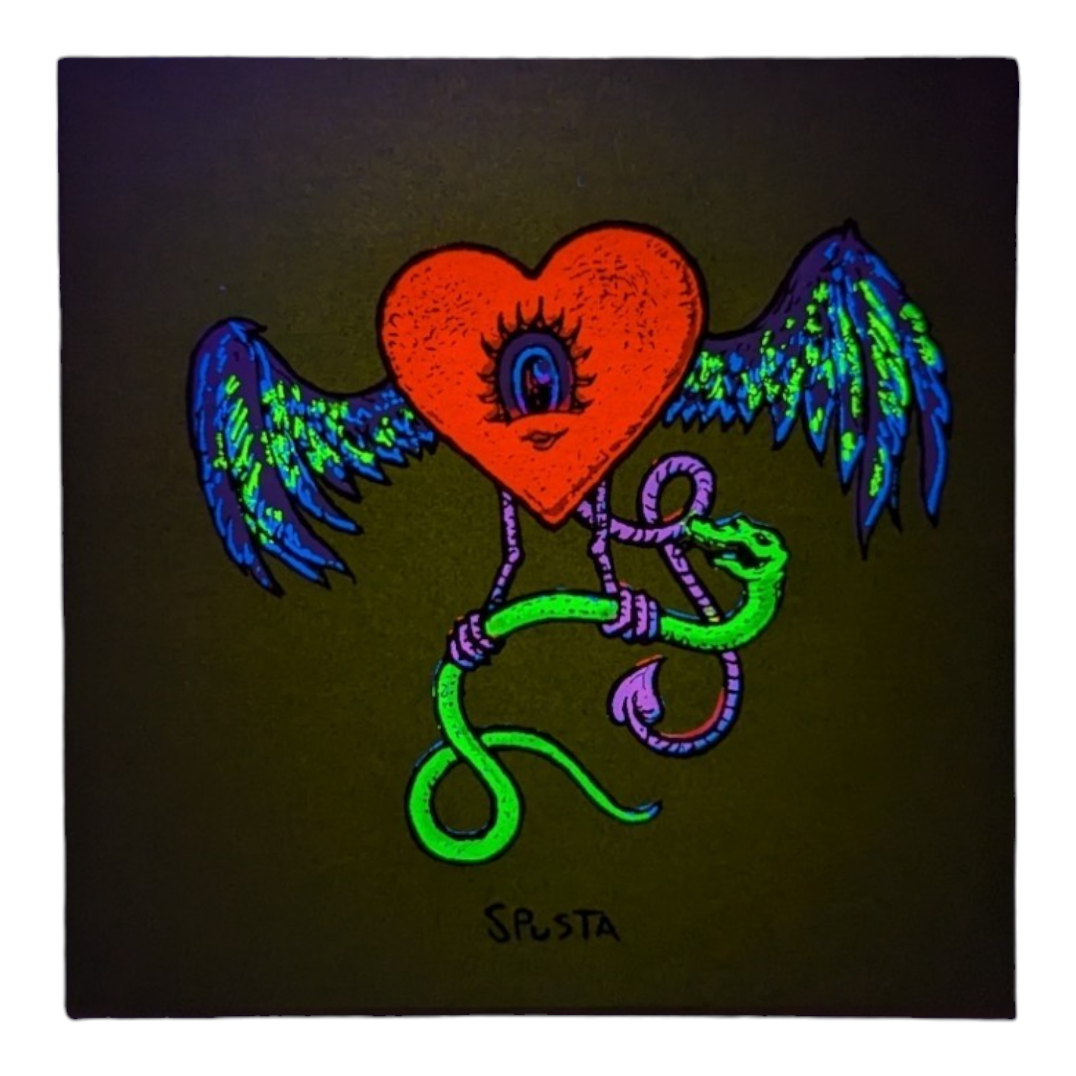 Marq Spusta Flying Heart (Green Shimmer) Screen print  3 x 3 in  Plate signed