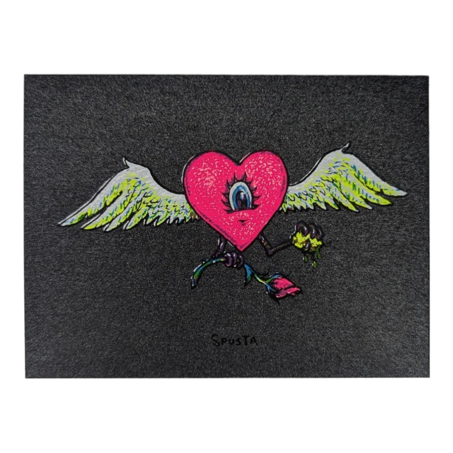 Marq Spusta Flying Heart with Rose (Black Shimmer) Screen print  3 x 4 in  Plate signed