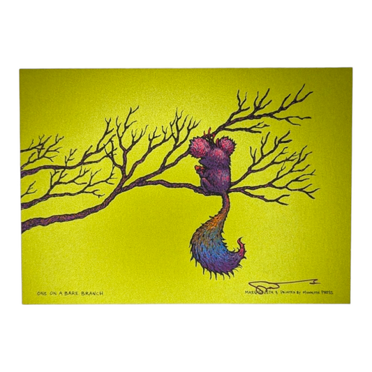 Marq Spusta One On A Bare Branch (Sticky Yellow/Green), 2021 Screen print  5 x 7 in  Hand Signed by the artist