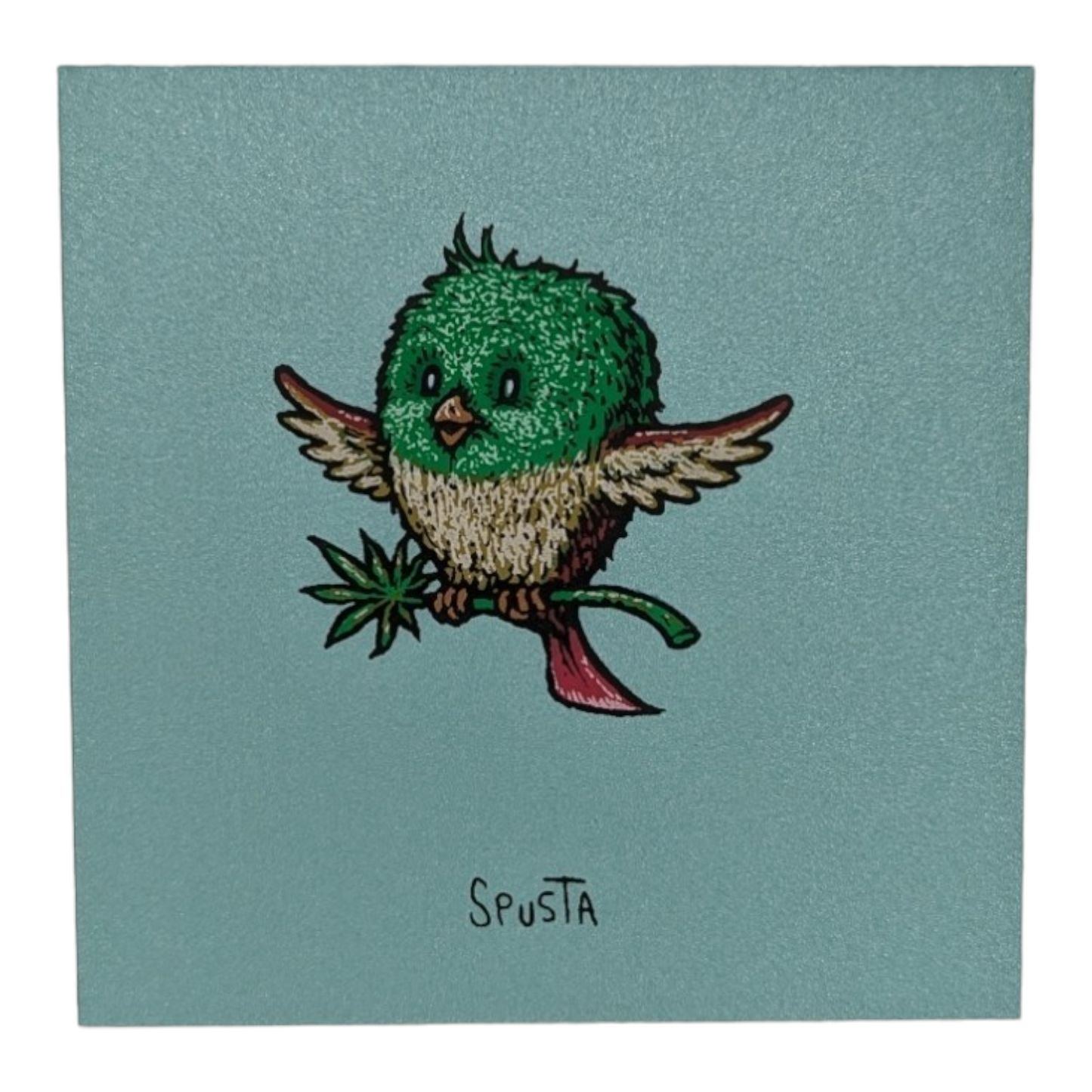 Marq Spusta Pot Bird (Aqua Shimmer) Screen print  3 x 3 in  Plate signed.