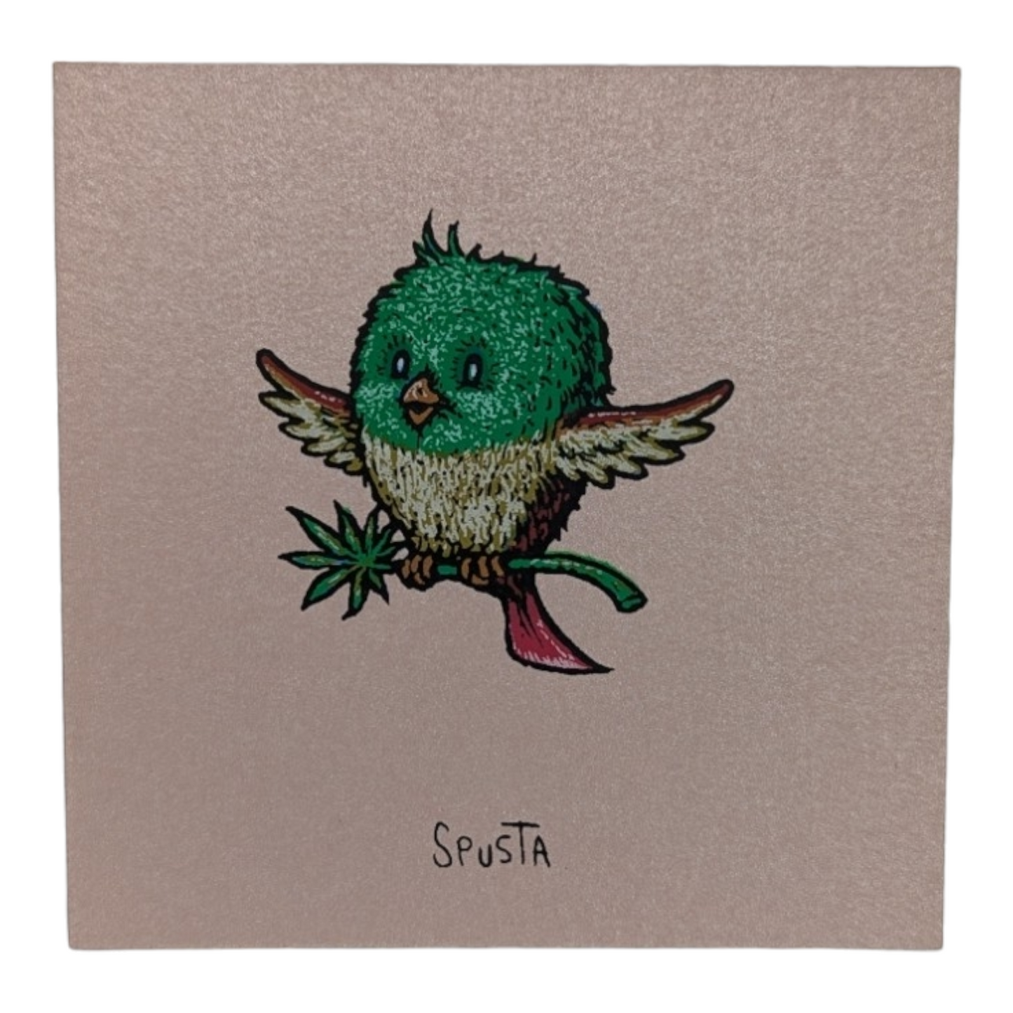 Marq Spusta Pot Bird (Olive Shimmer) Screen print  3 x 3 in  Plate signed.