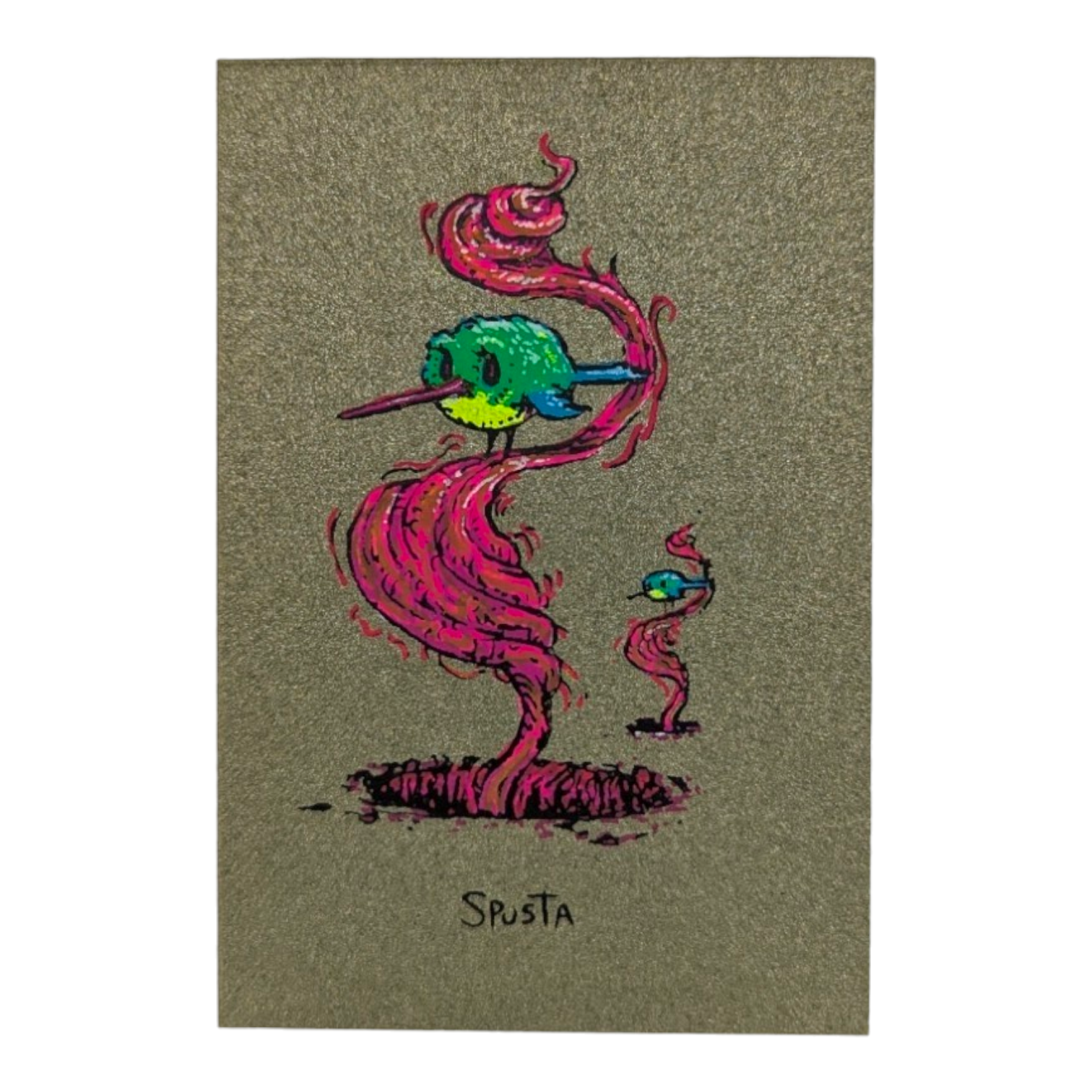 Marq Spusta Two Birds (Olive Shimmer) Screen print  3 x 2 in  Plate signed