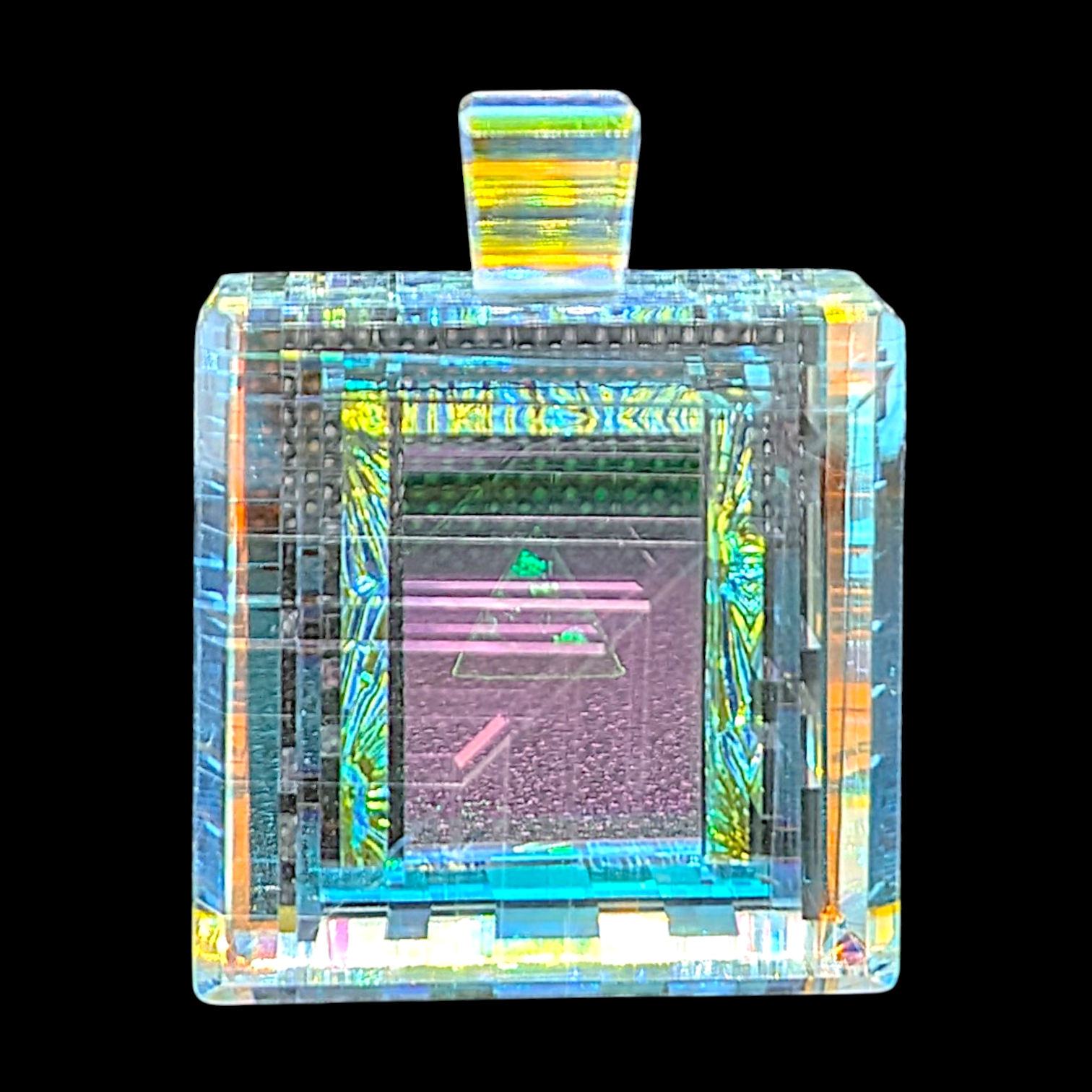 Boro Barto (Dan Barto) 
Dichroic glass pendant with triangle green opal 
Approx. 14 x 32 x 40 mm 