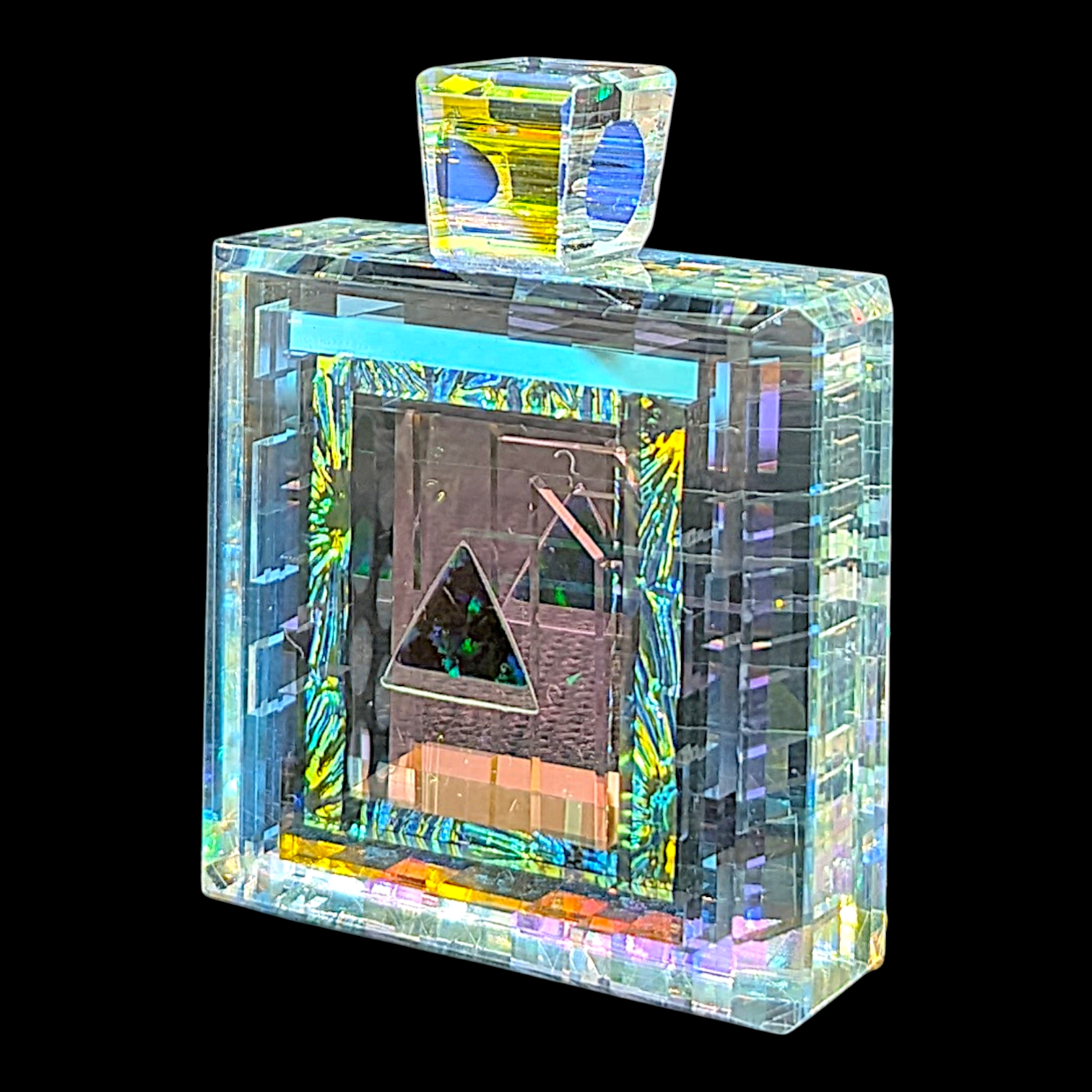 Boro Barto (Dan Barto) 
Dichroic glass pendant with triangle green opal 
Approx. 14 x 32 x 40 mm 