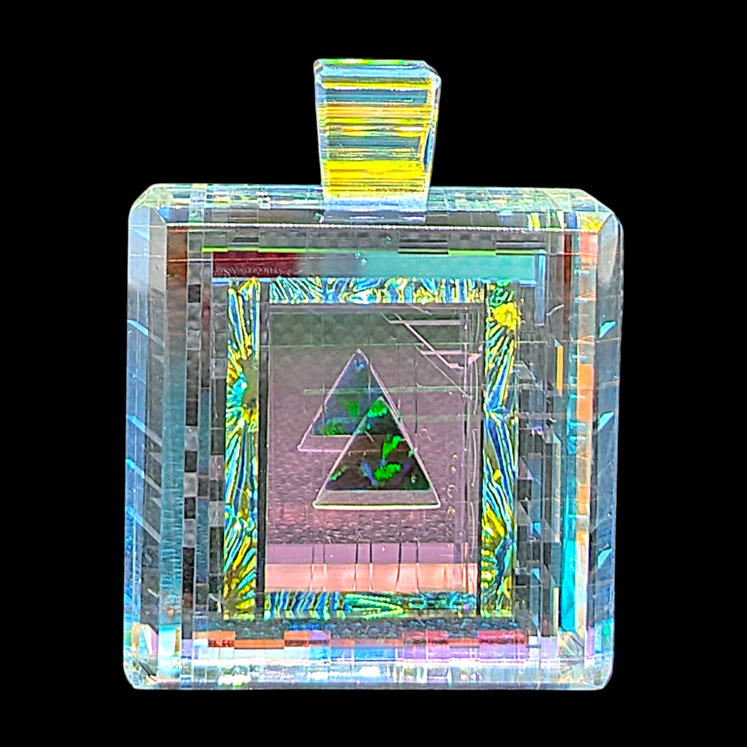 Boro Barto (Dan Barto) 
Dichroic glass pendant with triangle green opal 
Approx. 14 x 32 x 40 mm 