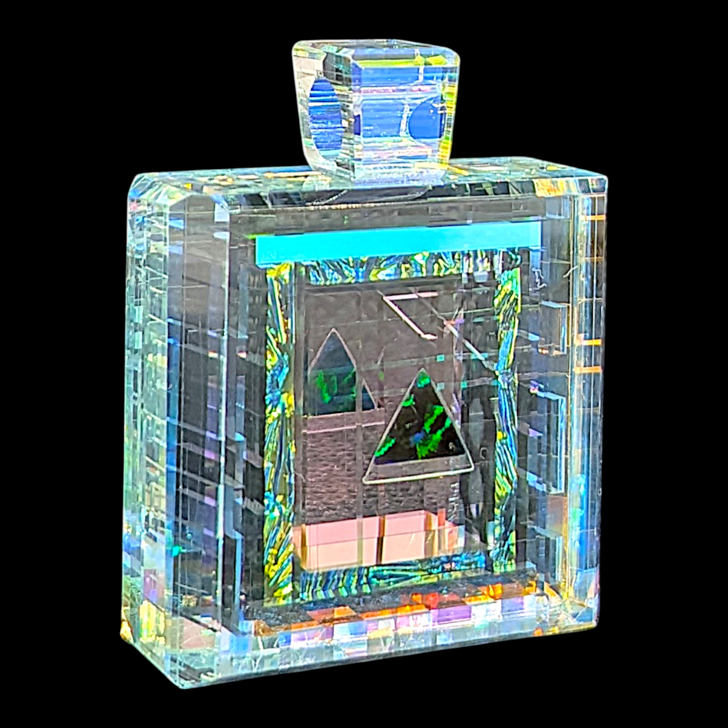 Boro Barto (Dan Barto) 
Dichroic glass pendant with triangle green opal 
Approx. 14 x 32 x 40 mm 