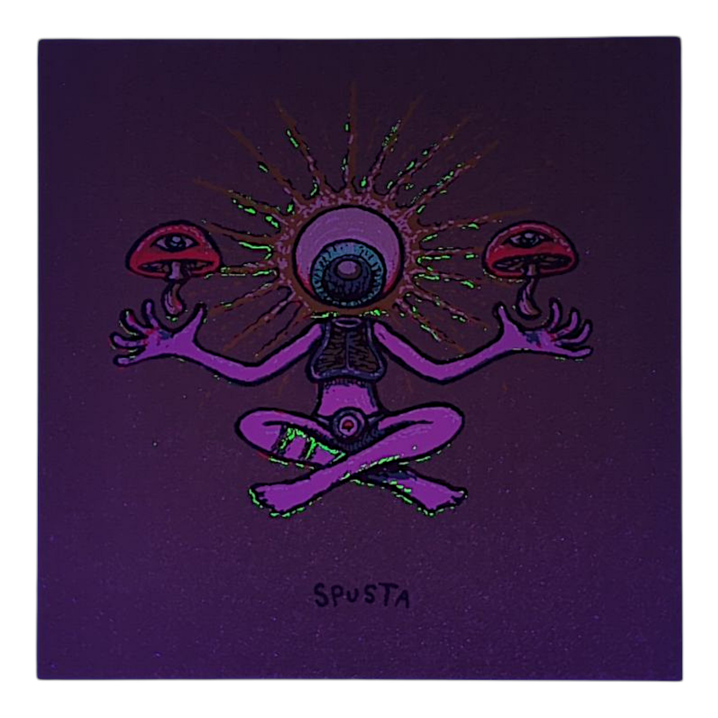 Artistic depiction of a figure with mushroom caps on a purple background, signed 'Spusta'.
