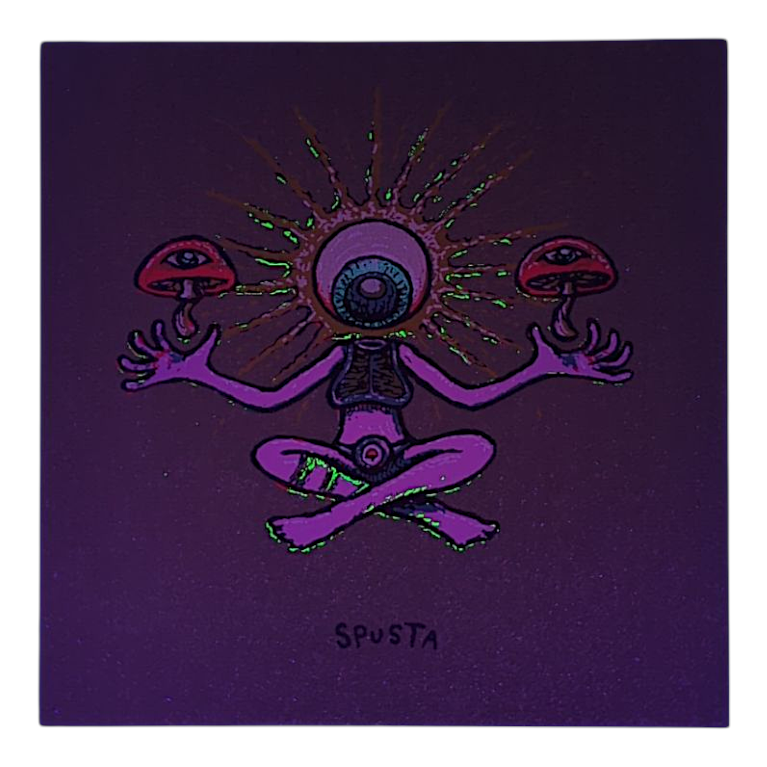 Artistic depiction of a figure with mushroom caps on a purple background, signed 'Spusta'.