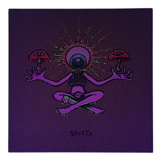 Artistic depiction of a figure with mushroom caps on a purple background, signed 'Spusta'.