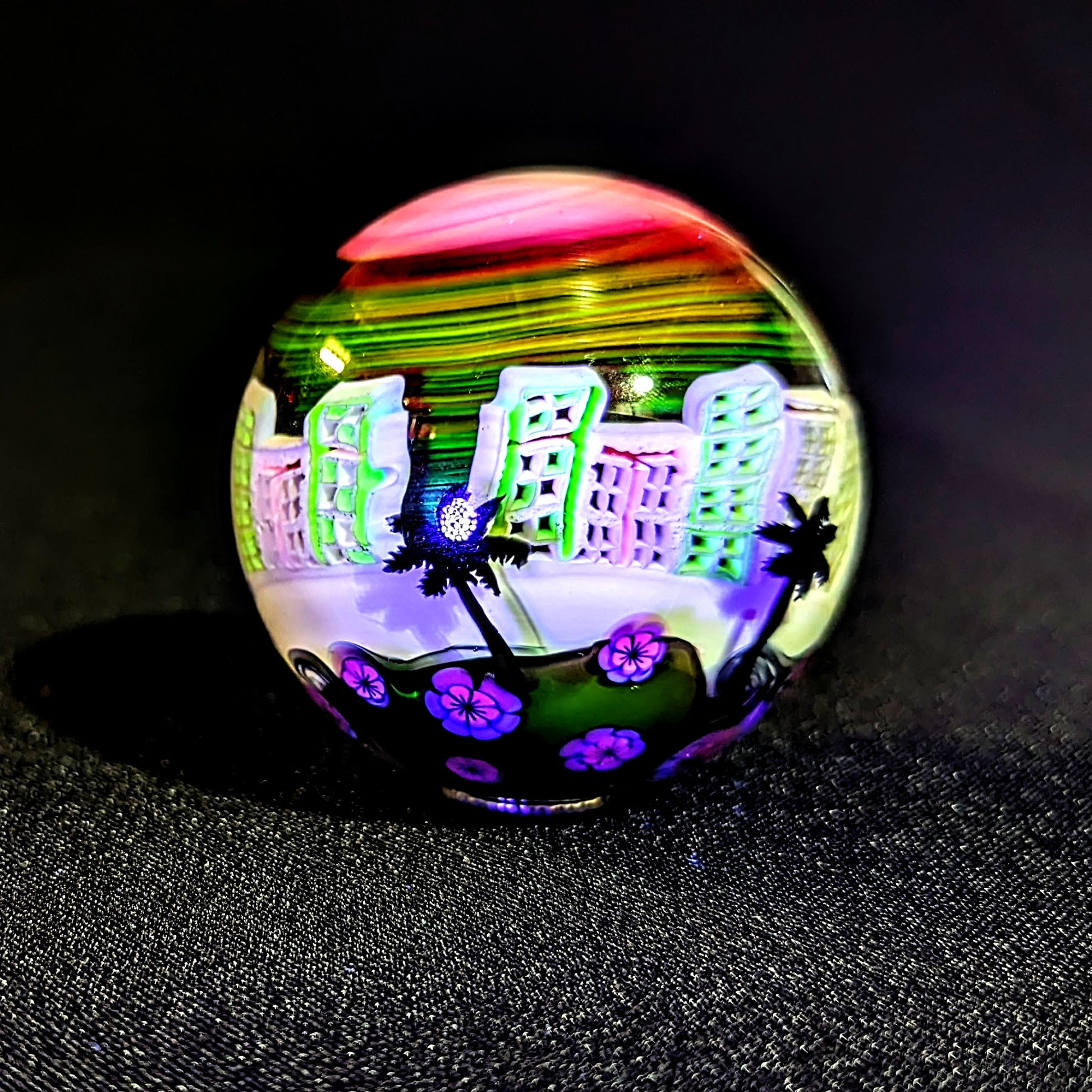 Piper Dan Viceline 2. 2023 UV Reactive Borosilicate Glass Marble 62.8 mm  Hand blown glass made by Piper Dan (Daniel Benway). Signed "DB" + Dated "2023"