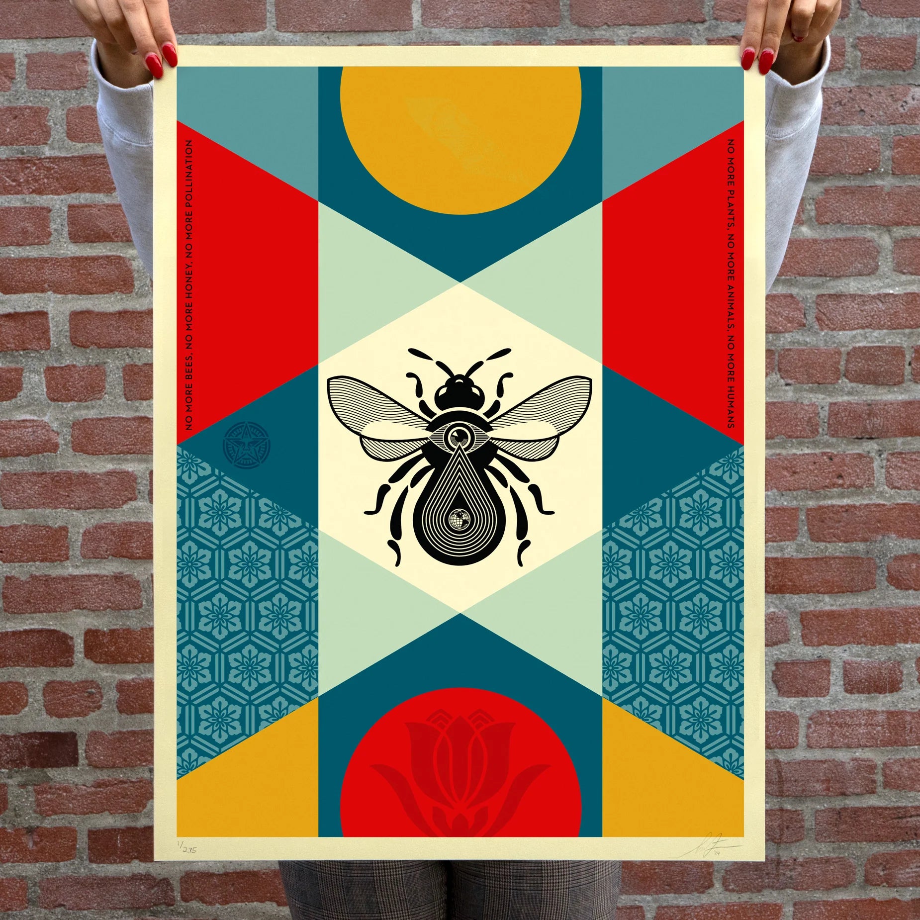 Shepard Fairey AKA Obey Giant Bee Geometric, 2024 Set of (2) Screen Prints on thick cream Speckletone paper 18 x 24 in Edition of 275  Hand Signed & Numbered by the artist. Accompanied by Digital Certificate of Authenticity provided by Verisart. Set includes matching edition numbered prints