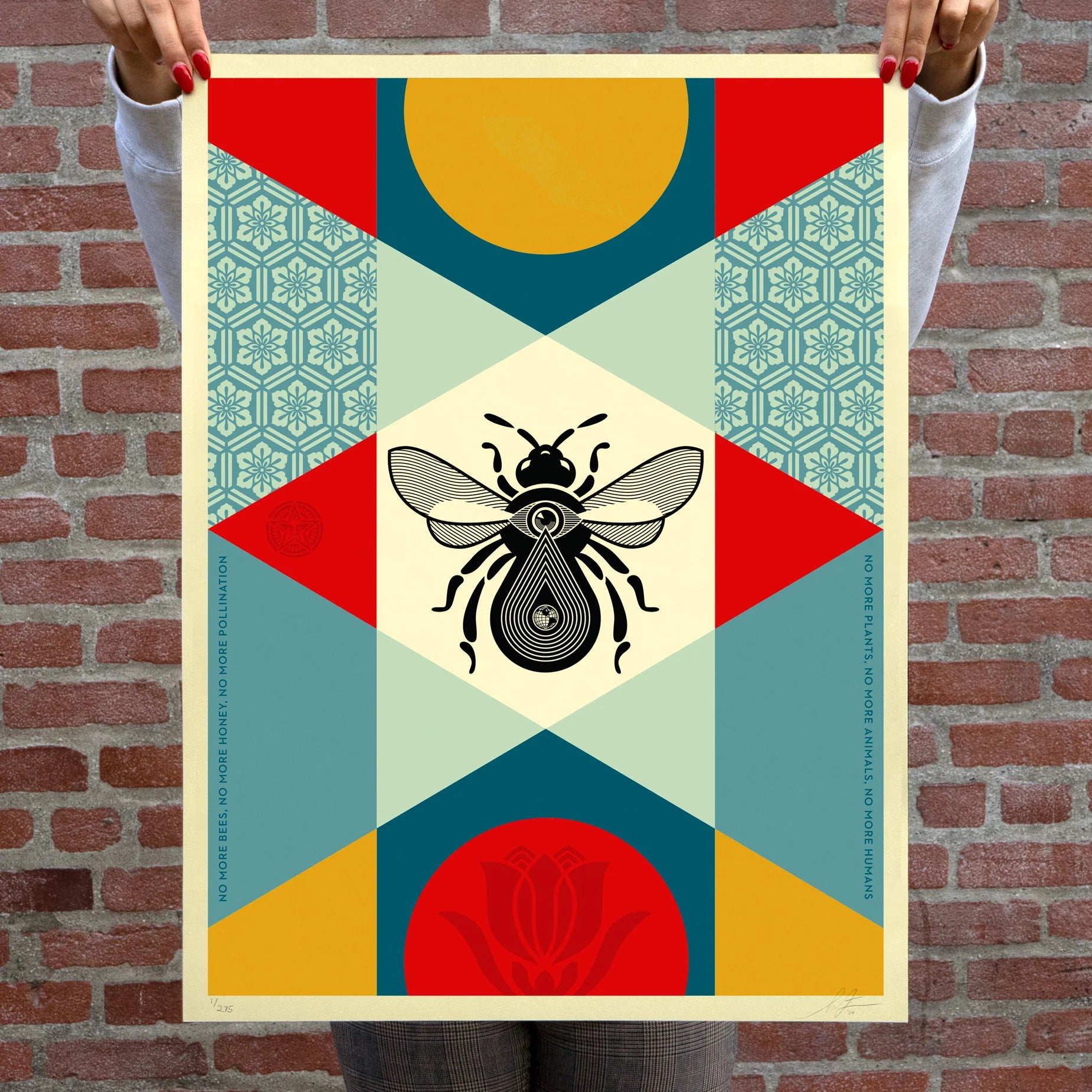 Shepard Fairey AKA Obey Giant Bee Geometric, 2024 Set of (2) Screen Prints on thick cream Speckletone paper 18 x 24 in Edition of 275  Hand Signed & Numbered by the artist. Accompanied by Digital Certificate of Authenticity provided by Verisart. Set includes matching edition numbered prints