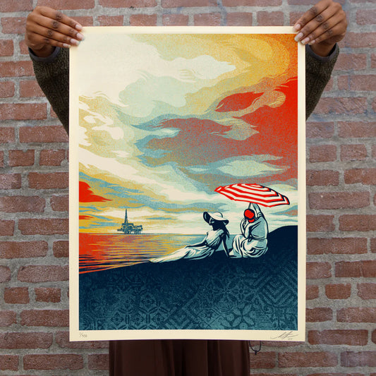 Shepard Fairey Bliss at the Cliff's Edge, 2024 Screen Print on thick cream Speckletone paper 18 x 24 in Edition of 550  Hand Signed & Numbered by the artist. Accompanied by Digital Certificate of Authenticity provided by Verisart.