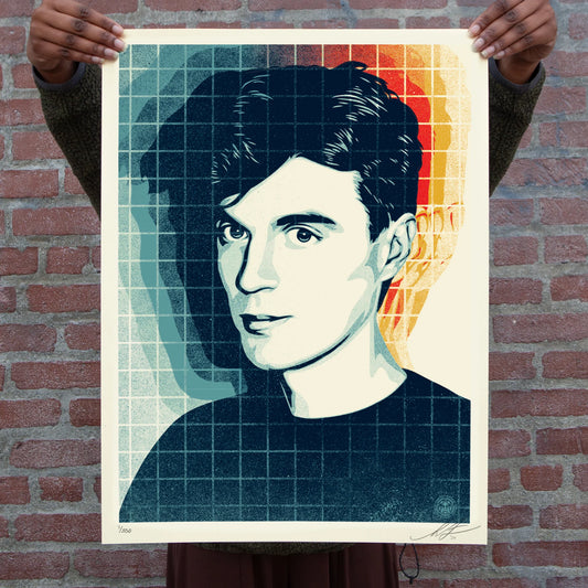 Shepard Fairey Overloading the Grid (David Byrne), 2024 Screen Print on thick cream Speckletone paper 18 x 24 in Edition of 550  Hand Signed & Numbered by the artist. Accompanied by Digital Certificate of Authenticity provided by Verisart. Original illustration based on photograph by Bobby Grossman.