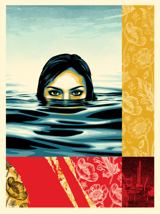 Shepard Fairey Treading Water, 2024 Screen print on thick cream Speckletone paper 18 x 24 in Edition of 550  Hand Signed & Numbered by the artist. Accompanied by Digital Certificate of Authenticity provided by Verisart.