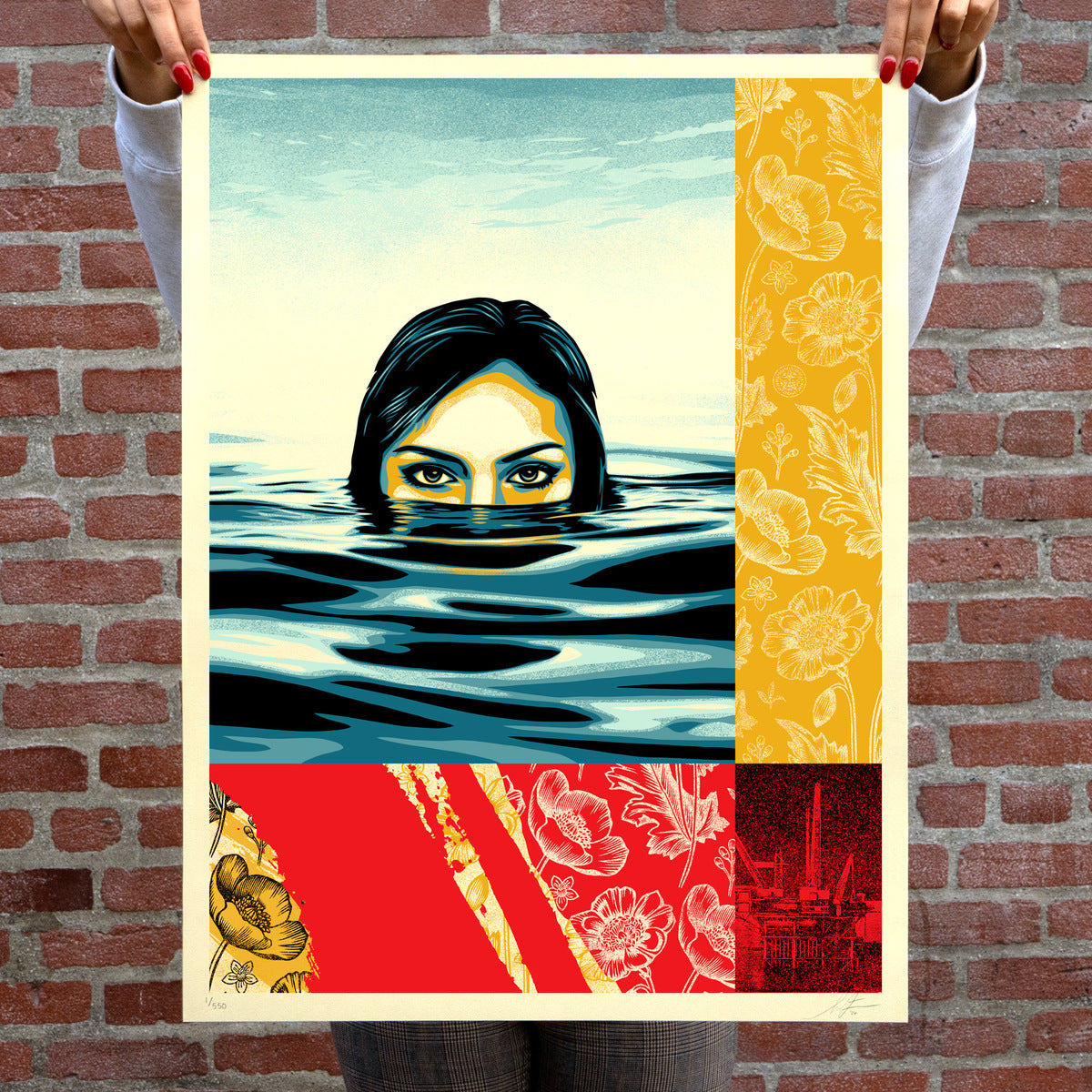 Shepard Fairey Treading Water, 2024 Screen print on thick cream Speckletone paper 18 x 24 in Edition of 550  Hand Signed & Numbered by the artist. Accompanied by Digital Certificate of Authenticity provided by Verisart.