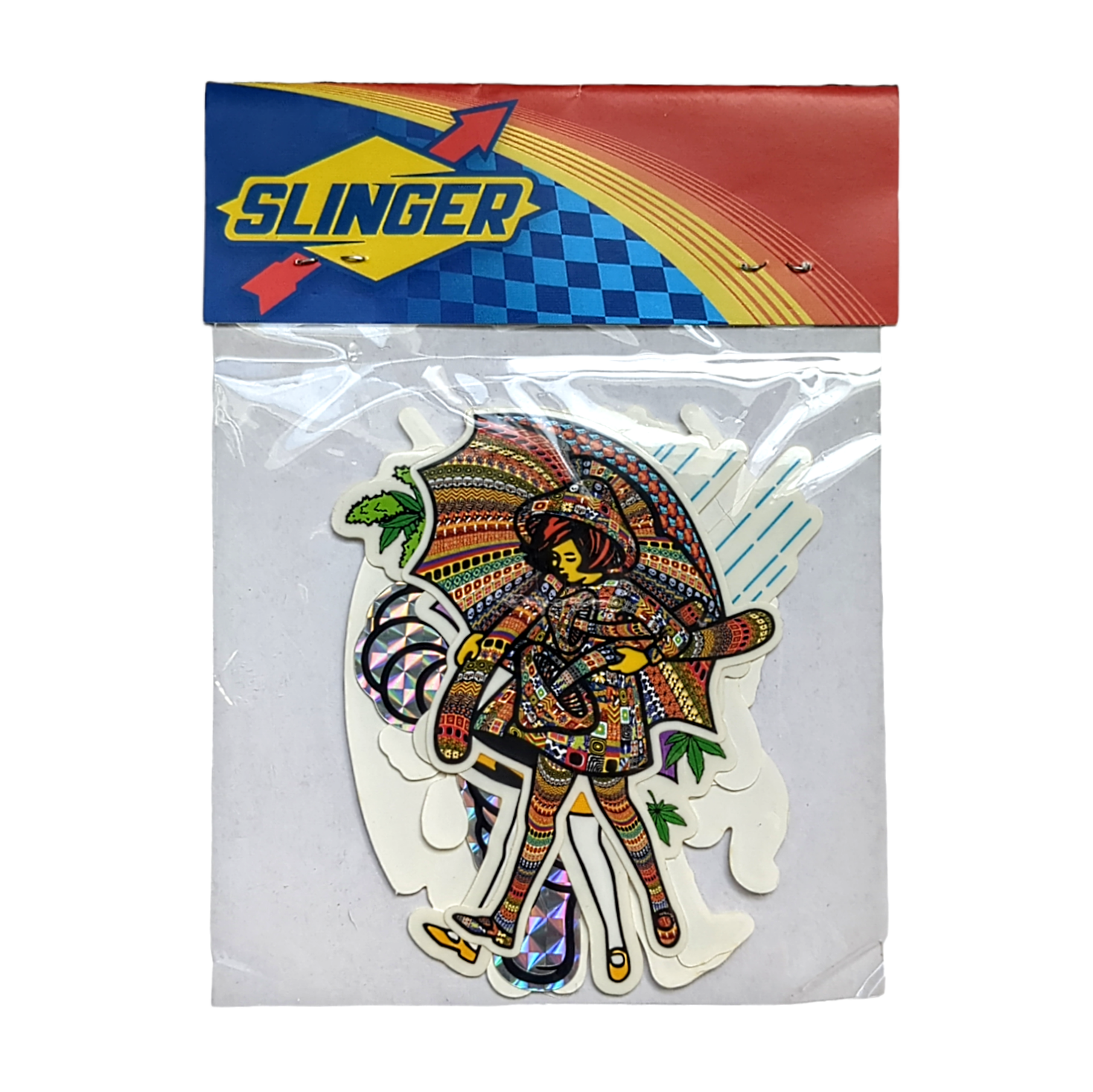 Slinger Sticker Pack  Includes (6) 4” vinyl die cut stickers with clear outline Featuring Spiritual Advisor, Honey Girl, Neon Mushroom Girl, Capn Crunk Girl, Emerald Girl & Lot Guru Foil Sticker