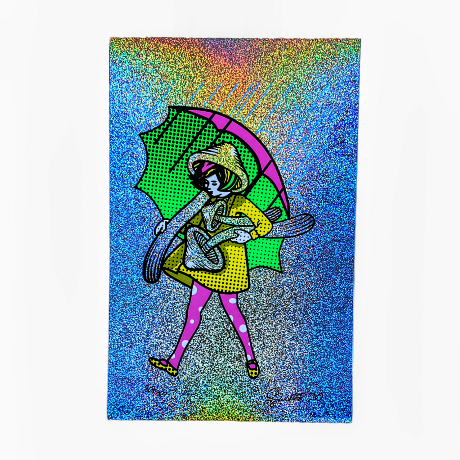 Slinger x Pyroscopic Neon Shroom Girl, 2020 Archival Pigment Print on Holographic Sparkle Foil 11 x 17 in Edition of 300  Signed, Numbered + Dated by the artists