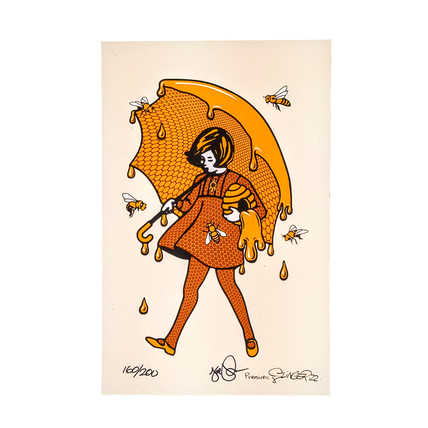 Slinger x Joe P x Pyroscopic Honey Girl, 2022 Screen Print on Antique Ivory Archival Paper 11 x 17 in Edition of 200  Signed, Numbered + Dated by the artists.
